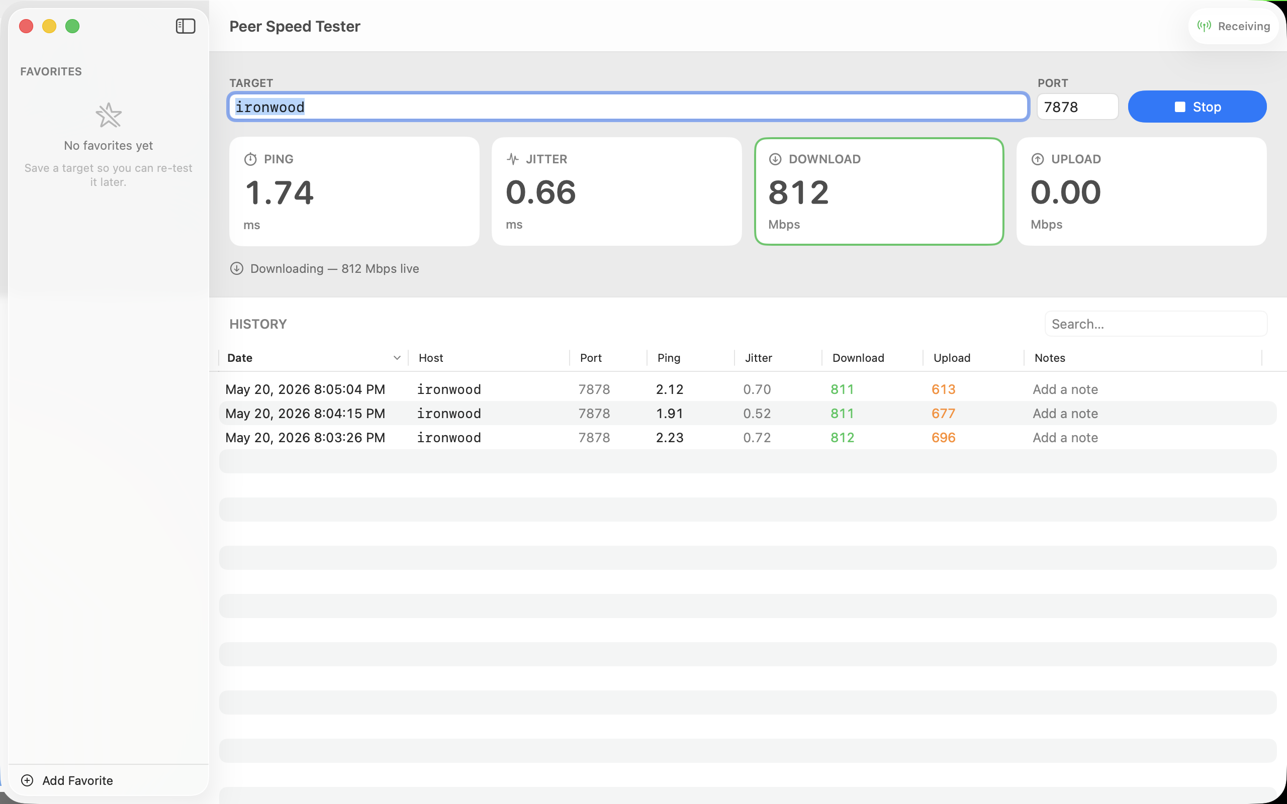 A test in progress, showing 812 Mbps download being measured live