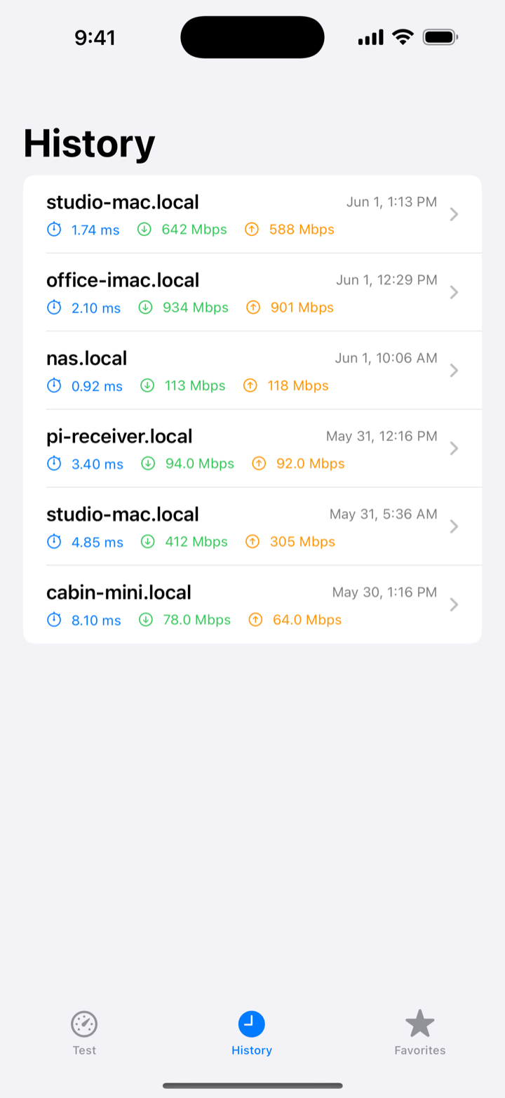 Test history on Jitter Box for iPhone, with ping, download, and upload for each past run